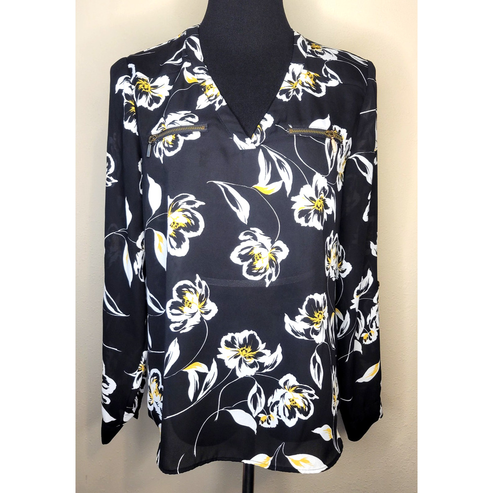 Maurices Women’s Black Sheer Floral V‑Neck Long Sleeve Blouse Top Size Medium